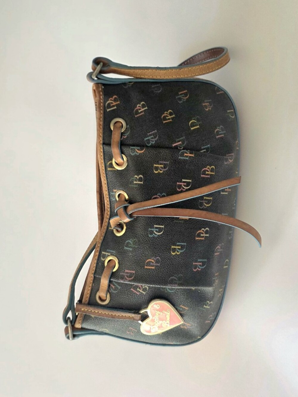 Dooney & Bourke Black Multicolor DB Logo Drawstring Shoulder Bag with Brown Trim